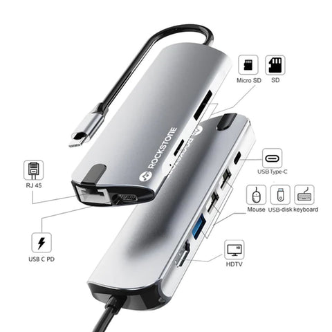Rockstone - Hub USB-C 9 En 1, USB-A, HDMI, Lecteur de Carte SD et MicroSD et Plus