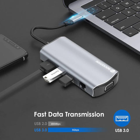 Rockstone - Hub USB Type-C 11 en 1, USB-A, HDMI et Lecteur de Carte SD et Micro SD et Plus
