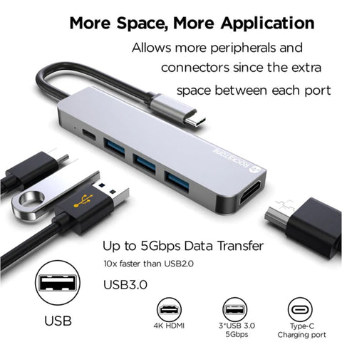 Rockstone - Hub USB Type-C 5 En 1, USB-A, HDMI et USB-C