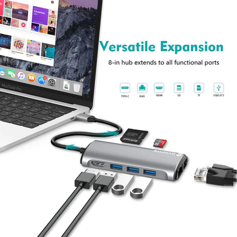 Rockstone - Hub USB Type-C 8 en 1, USB-A, HDMI, Lecteurs de Carte SD et Micro SD et Plus