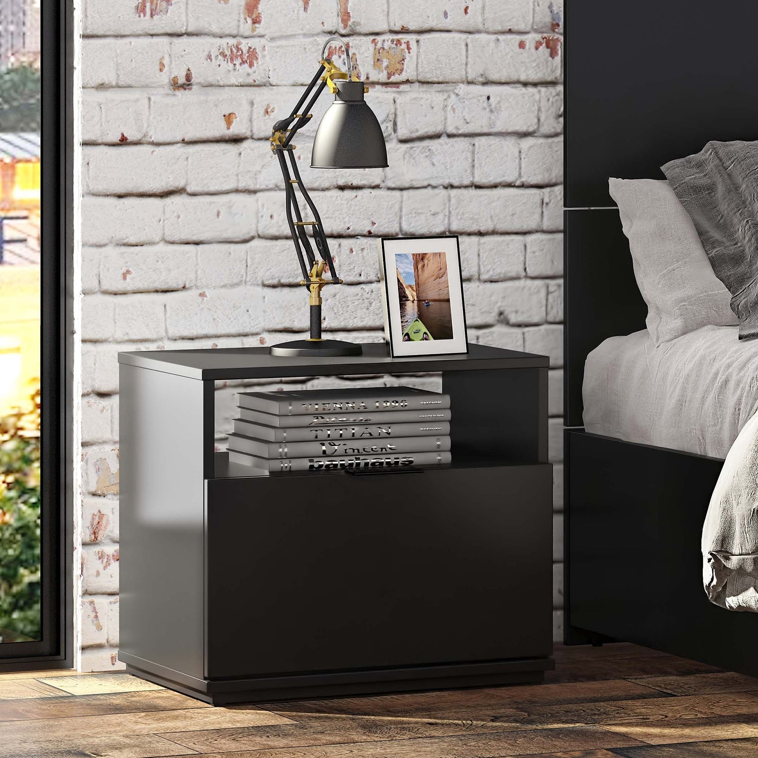 SUA-V - Table de Nuit Ashton en Mélamine Thermofusionnée, Noir - Simple Boutique