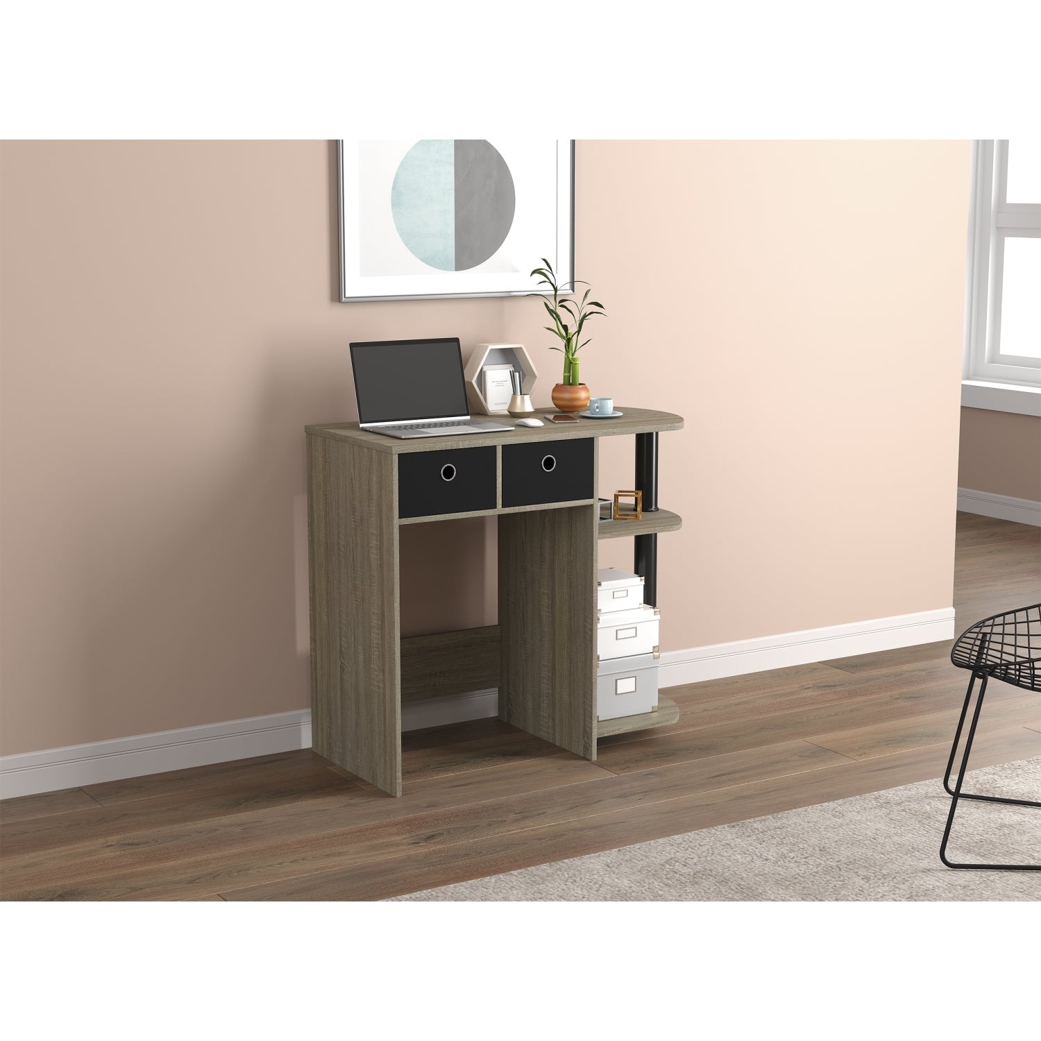 Safdie & Co Bureau d'ordinateur 31.5" de Long avec 2 Boîtes Tissées 2 Étagères pour Bureau à Domicile et Petits Espaces, Idéal pour Écrire, Taupe Foncé et Métal Noir - Simple Boutique