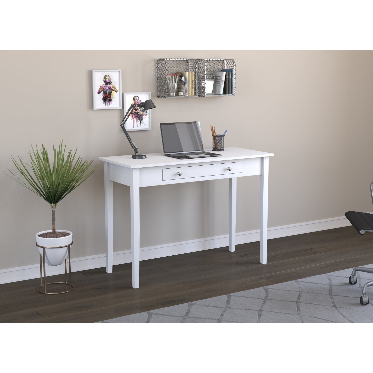 Safdie & Co Bureau d'ordinateur 42.15" de Long avec 1 Tiroir pour Bureau à Domicile et Petits Espaces, Idéal pour Écrire, Blanc - Simple Boutique