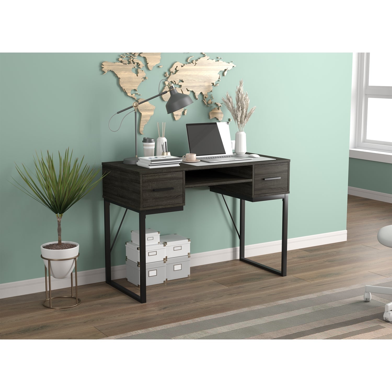 Safdie & Co Bureau d'ordinateur 42.5" de Long avec 2 Tiroirs pour Bureau à Domicile et Petits Espaces, Idéal pour Écrire, Gris Foncé et Métal Noir - Simple Boutique