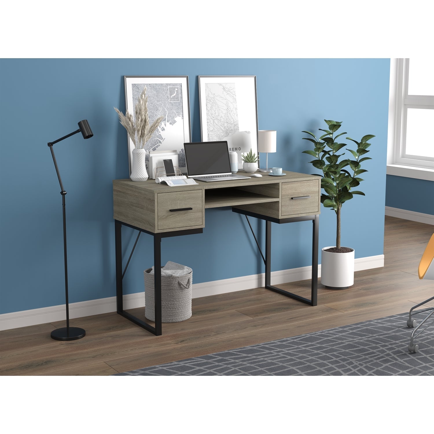 Safdie & Co Bureau d'ordinateur 42.5" de Long avec 2 Tiroirs pour Bureau à Domicile et Petits Espaces, Idéal pour Écrire, Taupe Foncé et Métal Noir - Simple Boutique