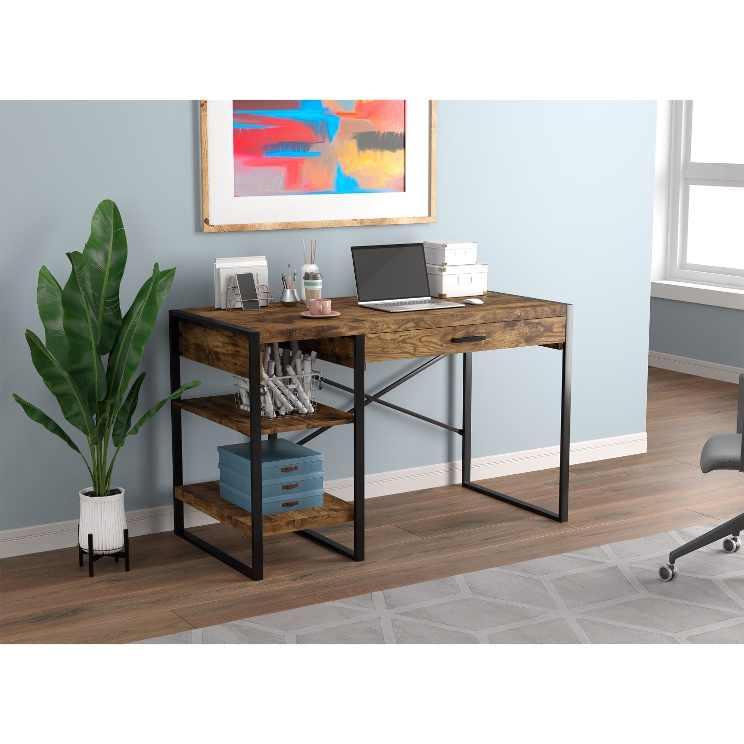 Safdie & Co Bureau d'ordinateur 47.65" de Long avec 1 Tiroir et 2 Tablettes pour Bureau à Domicile et Petits Espaces, Idéal pour Écrire, Apparence Bois Recyclé Brun et Métal Noir - Simple Boutique