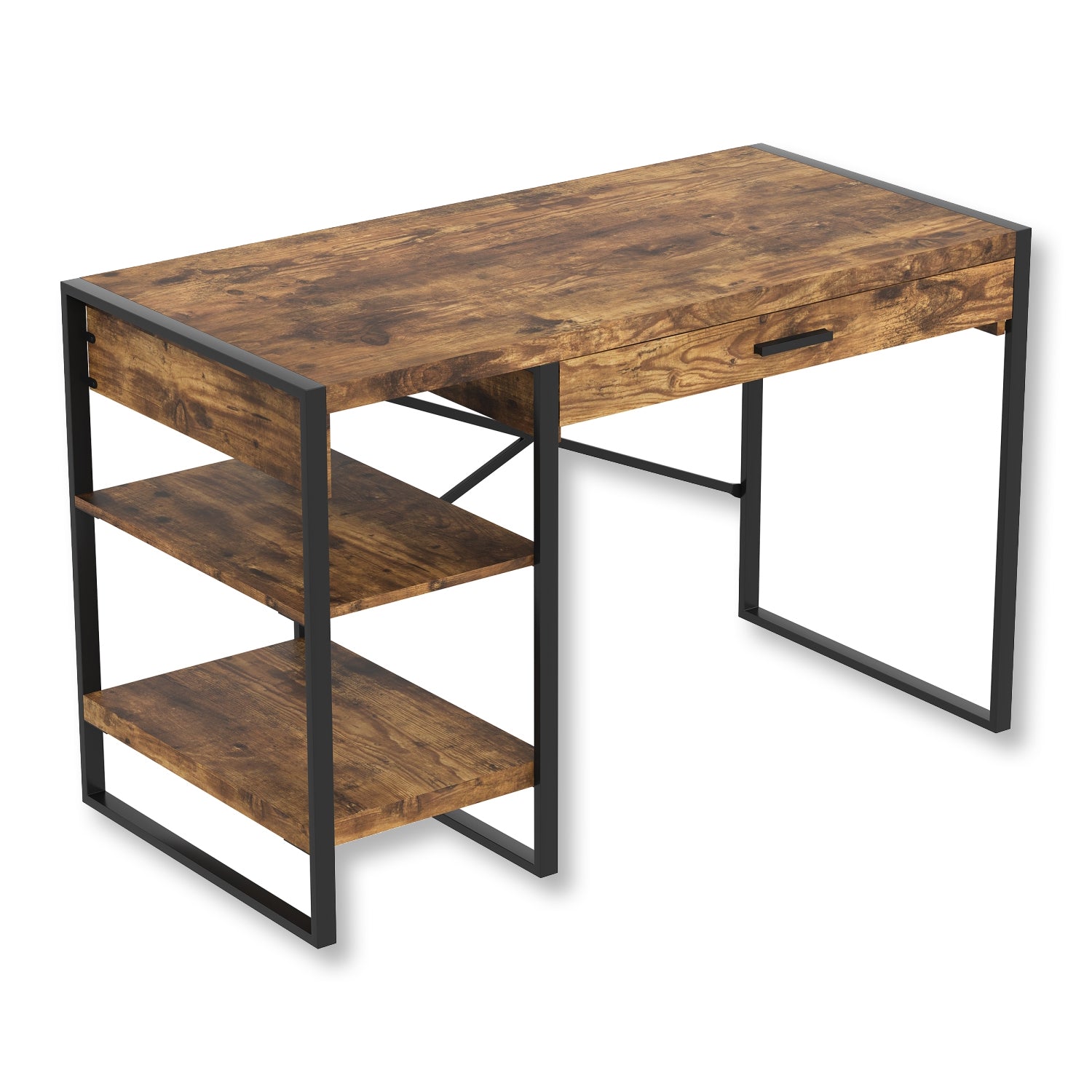 Safdie & Co Bureau d'ordinateur 47.65" de Long avec 1 Tiroir et 2 Tablettes pour Bureau à Domicile et Petits Espaces, Idéal pour Écrire, Apparence Bois Recyclé Brun et Métal Noir - Simple Boutique