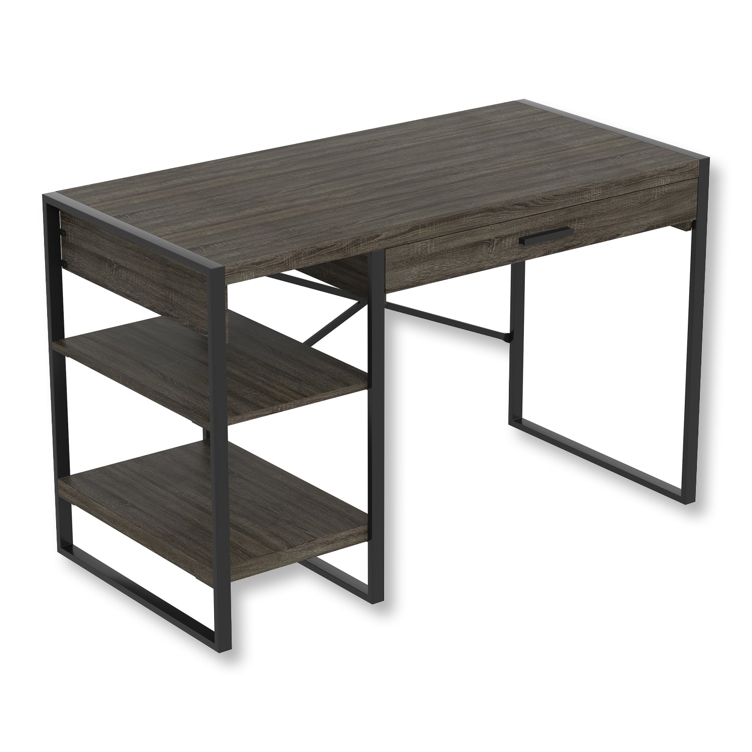 Safdie & Co Bureau d'ordinateur 47.65" de Long avec 1 Tiroir et 2 Tablettes pour Bureau à Domicile et Petits Espaces, Idéal pour Écrire, Gris Foncé et Métal Noir - Simple Boutique