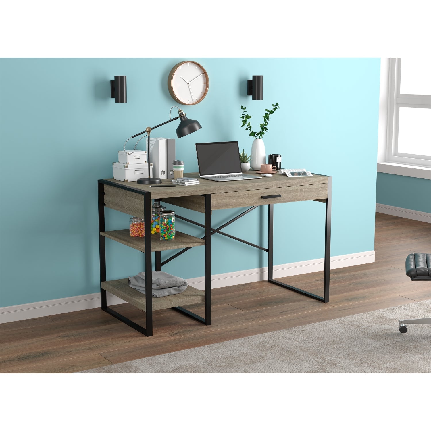 Safdie & Co Bureau d'ordinateur 47.65" de Long avec 1 Tiroir et 2 Tablettes pour Bureau à Domicile et Petits Espaces, Idéal pour Écrire, Taupe Foncé et Métal Noir - Simple Boutique