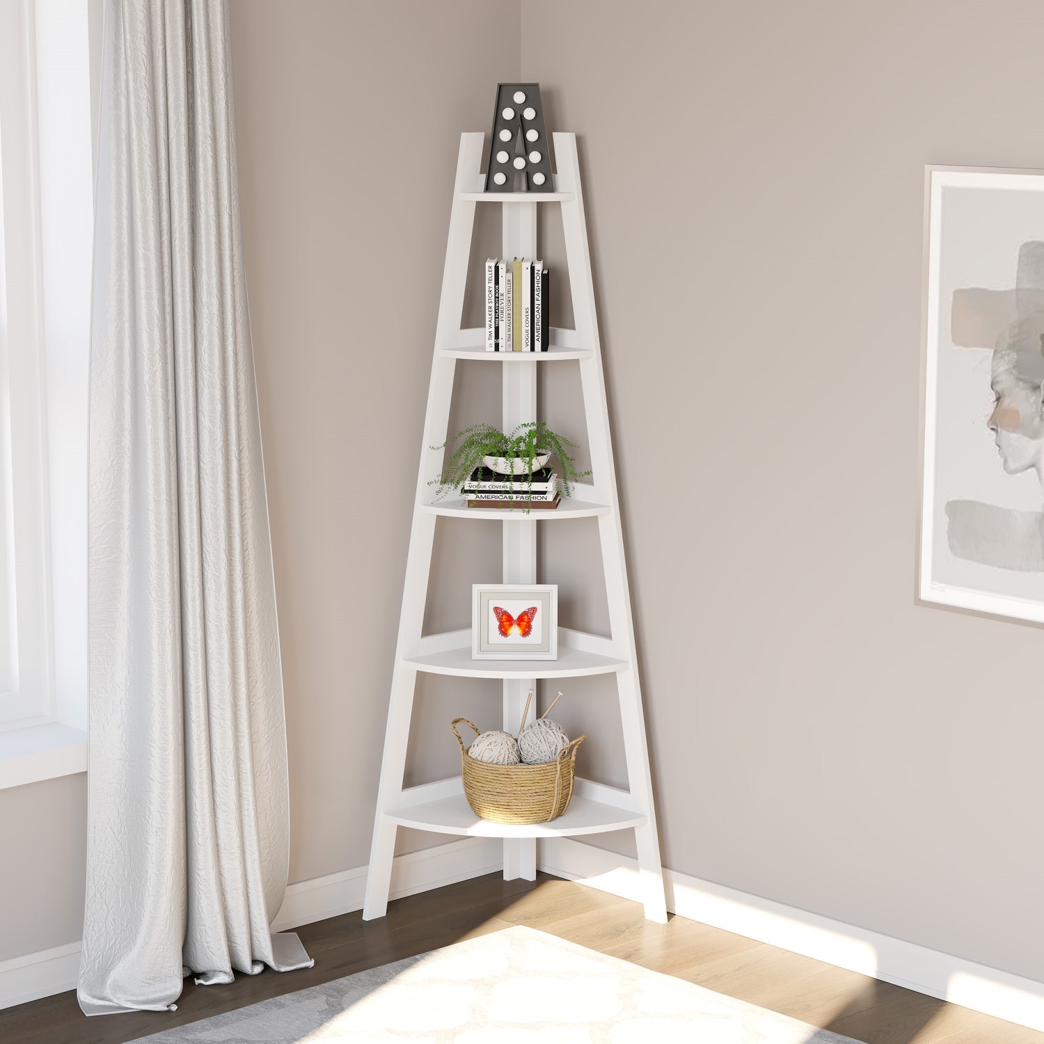 Safdie & Co Étagère de Coin 63" de Haut avec 5 Tablettes et Bordures pour Salon, Blanc - Simple Boutique