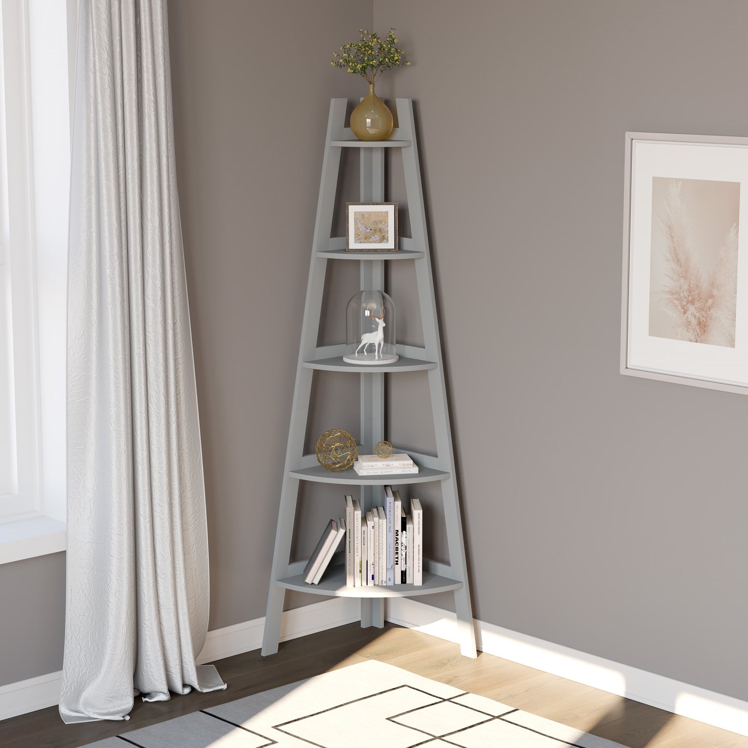 Safdie & Co Étagère de Coin 63" de Haut avec 5 Tablettes et Bordures pour Salon, Gris Pâle - Simple Boutique