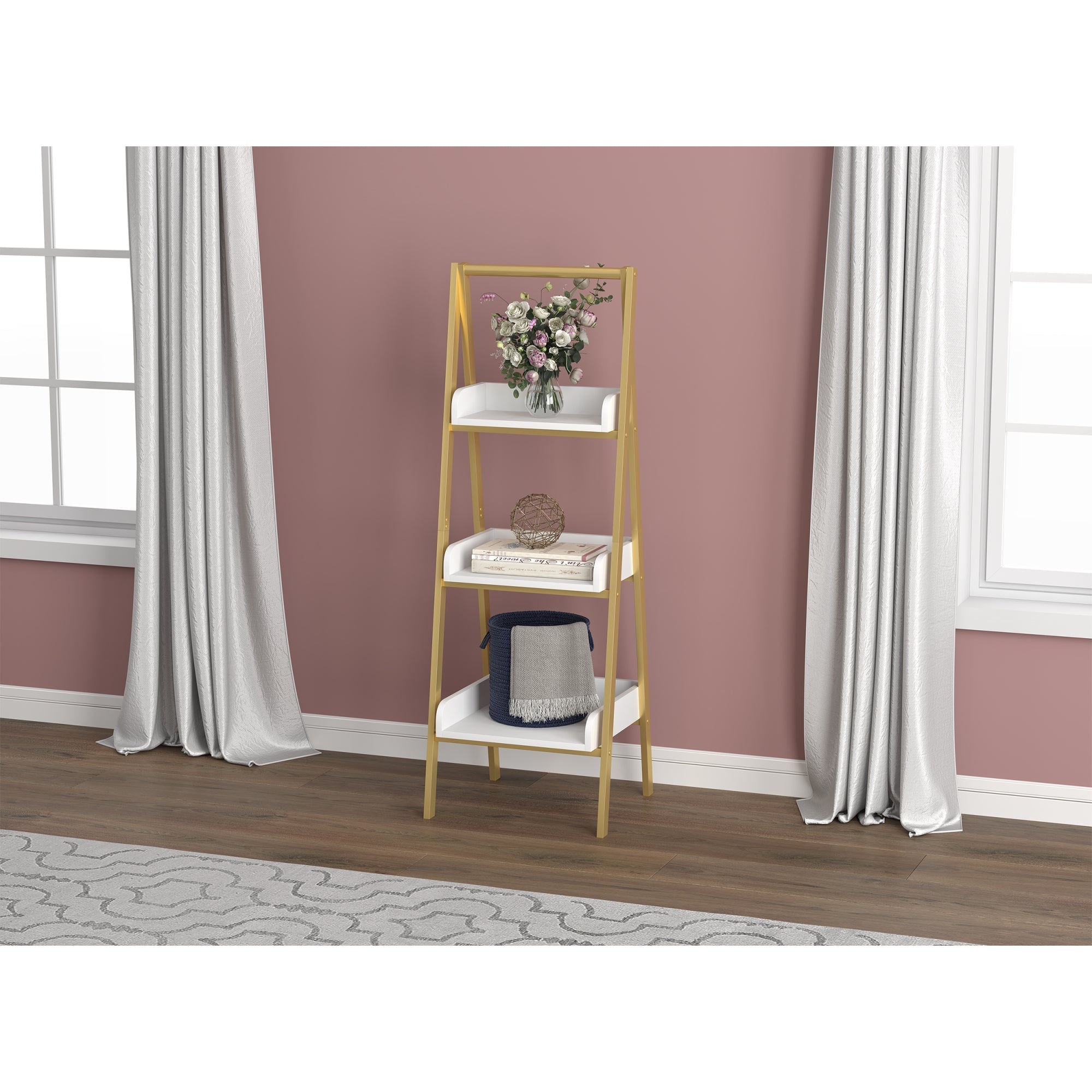 Safdie & Co Étagère de Mur 49" de Haut avec 3 Tablettes et Bordures pour Salon, Blanc et Métal Doré - Simple Boutique