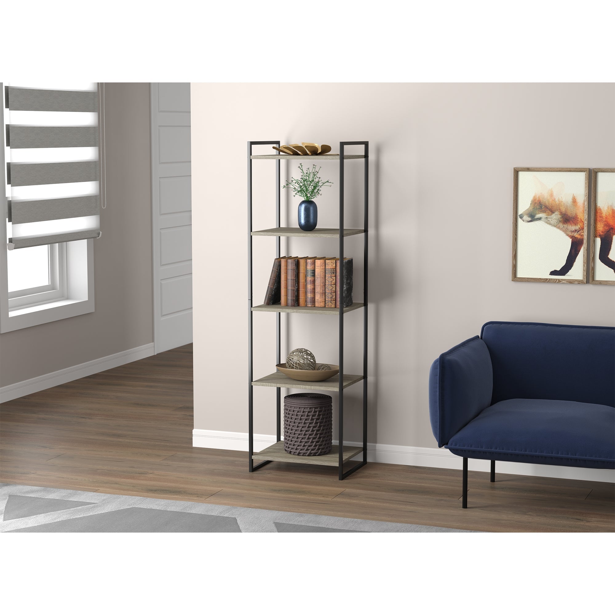 Safdie & Co Étagère de Mur 59" de Haut avec 5 Tablettes et Bordures pour Salon, Taupe Foncé et Métal Noir - Simple Boutique