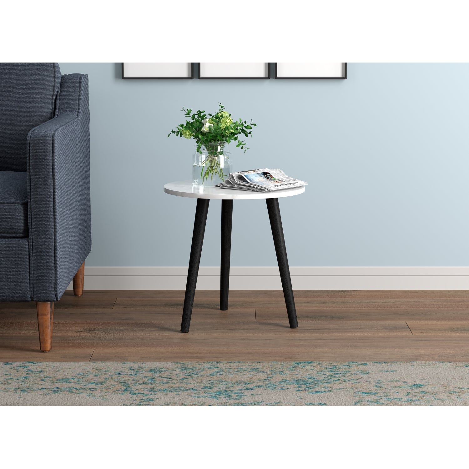 Safdie & Co Table Accent Ronde 18" de Diamètre pour Salon, Style Marbre avec Base de Bois Noir - Simple Boutique