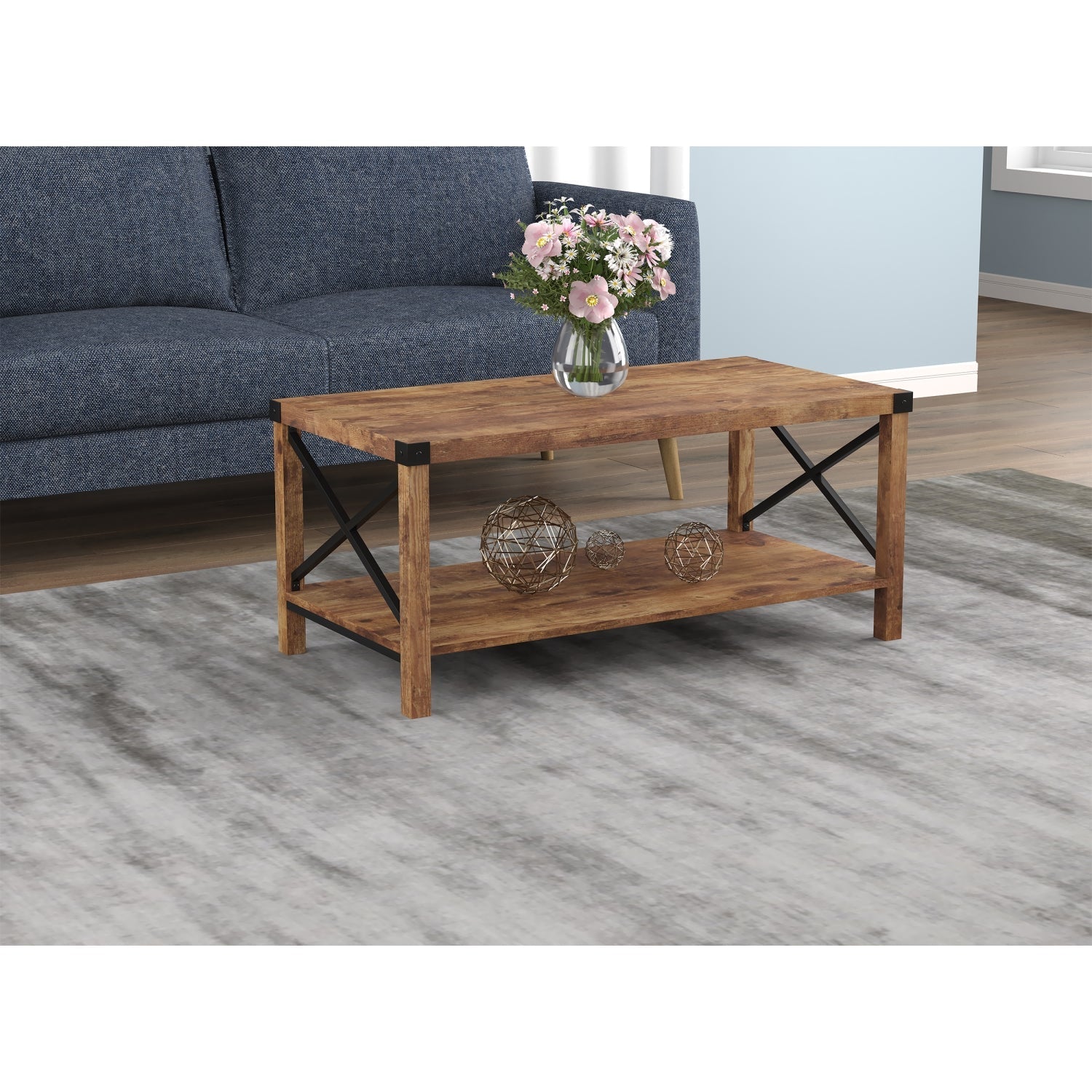 Safdie & Co Table Basse 39" de Long pour le Salon Apparence Bois Recyclé Brun avec Côtés en X en Métal Noir - Simple Boutique