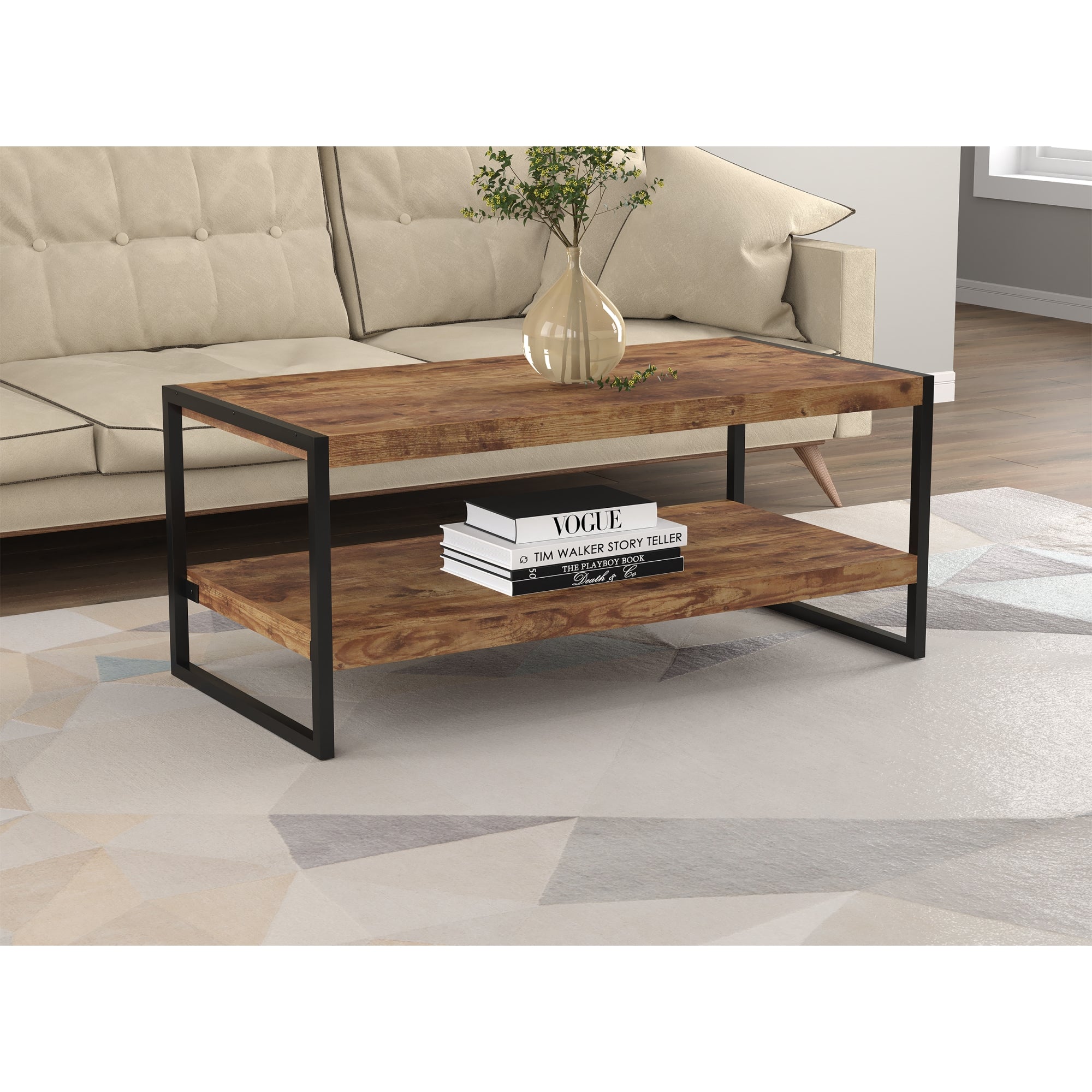 Safdie & Co Table Basse Table à Café 47.25" de Long Pour le Salon Apparence Bois Recyclé Brun avec Métal Noir - Simple Boutique