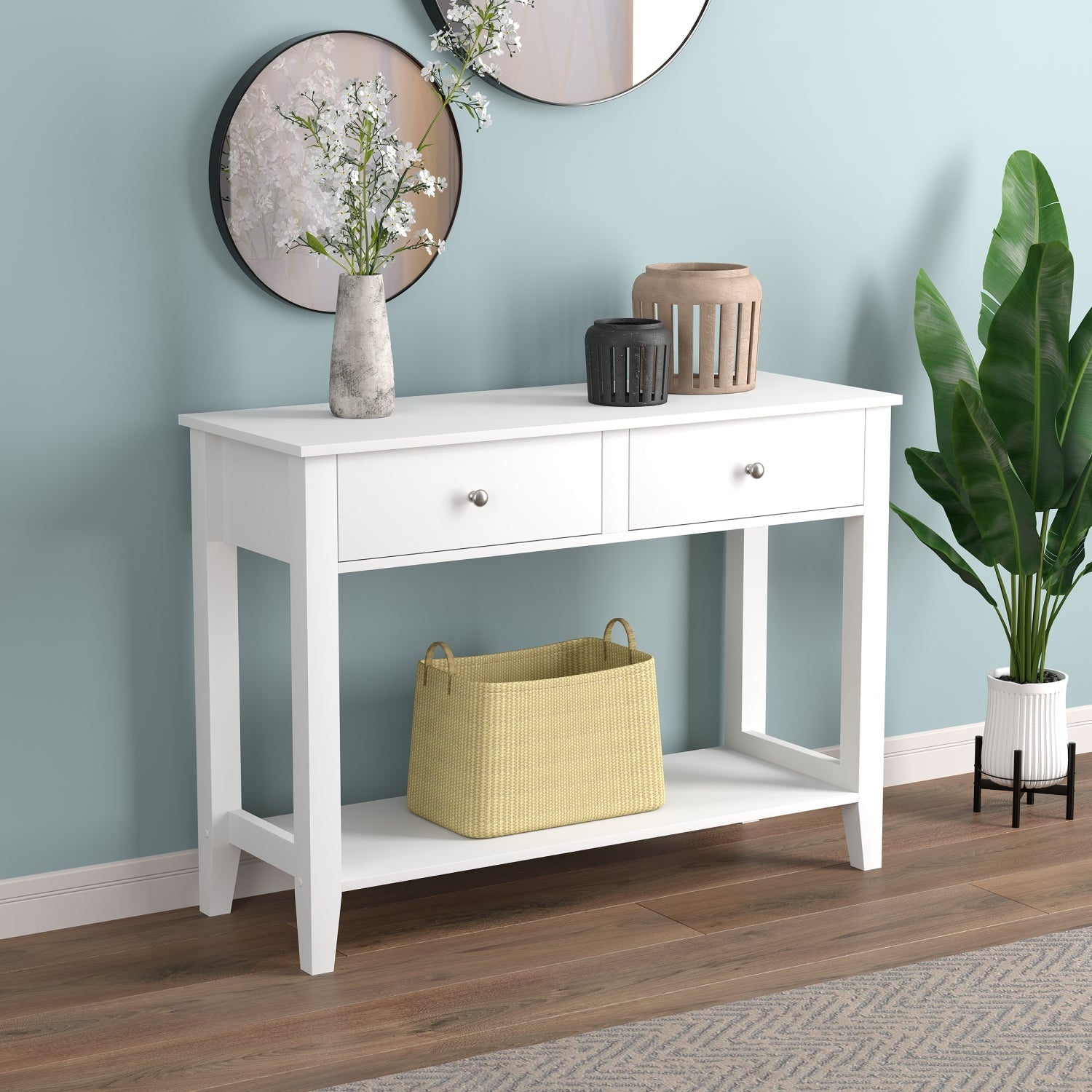 Safdie & Co Table Console ou d'entrée, Table de Sofa Divan, Table Accent 41" de Long avec 2 Tiroirs et 1 Tablette pour Salon, Blanc avec poignées de Métal Argent - Simple Boutique