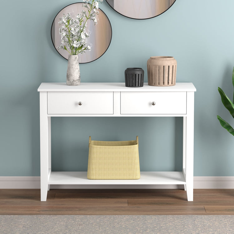 Safdie & Co Table Console ou d'entrée, Table de Sofa Divan, Table Accent 41" de Long avec 2 Tiroirs et 1 Tablette pour Salon, Blanc avec poignées de Métal Argent - Simple Boutique
