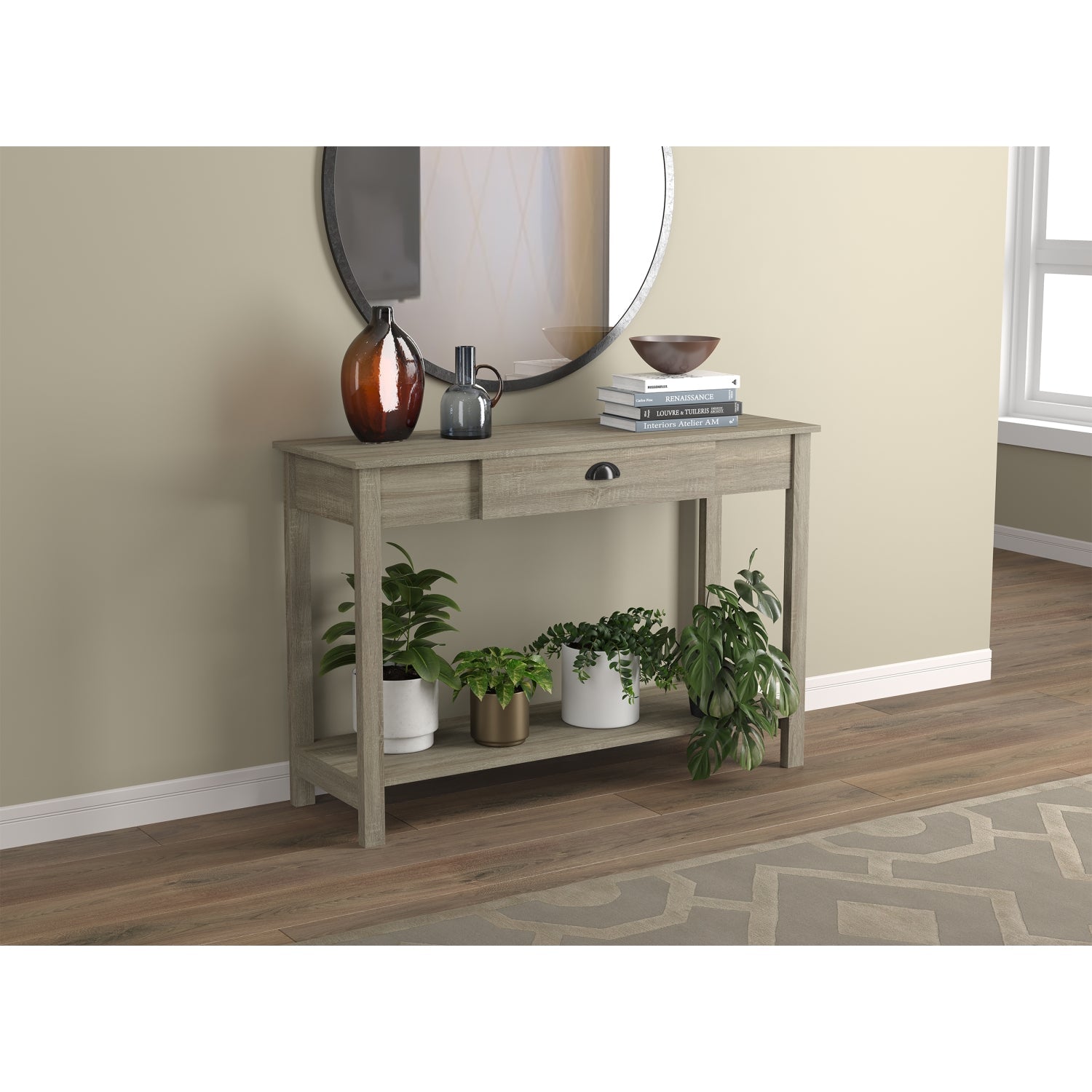 Safdie & Co Table Console ou d'entrée, Table de Sofa Divan, Table Accent 47" de Long avec 1 Tiroir pour Salon, Taupe Foncé avec Poignée de Métal Noir - Simple Boutique