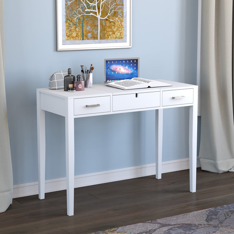 Safdie & Co Vanité, Table Multifonction 40" de Long avec 2 Tiroirs et Miroir Rabattable, Blanc - Simple Boutique