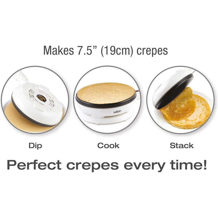 Salton CM1337 Crêpière Électrique Sans Fil avec Plat à Pâte et Spatule, Surface Antiadhésive, Température Automatique, 7.5", 800W, Blanc - Simple Boutique