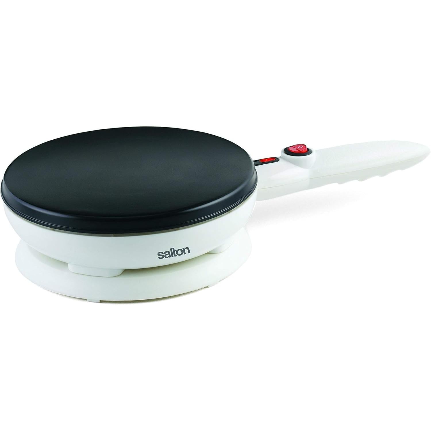 Salton CM1337 Crêpière Électrique Sans Fil avec Plat à Pâte et Spatule, Surface Antiadhésive, Température Automatique, 7.5", 800W, Blanc - Simple Boutique