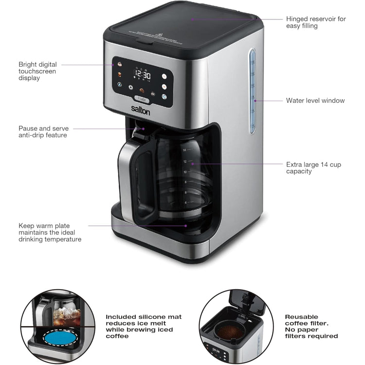Salton - Cafetière Numérique Programmable, Capacité de 14 Tasses, Pour Café Chaud ou Froid, Acier Inoxydable - Simple Boutique