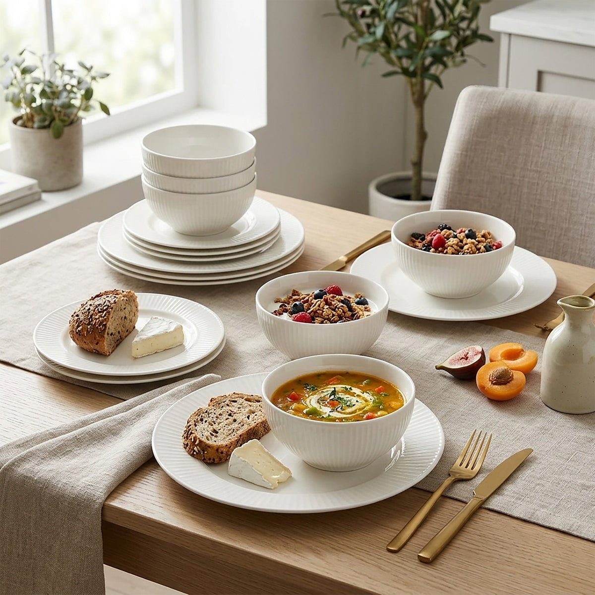 Service de vaisselle 12 pièces en porcelaine fine gaufrée « Hilary » JS Gourmet – Blanc - Simple Boutique