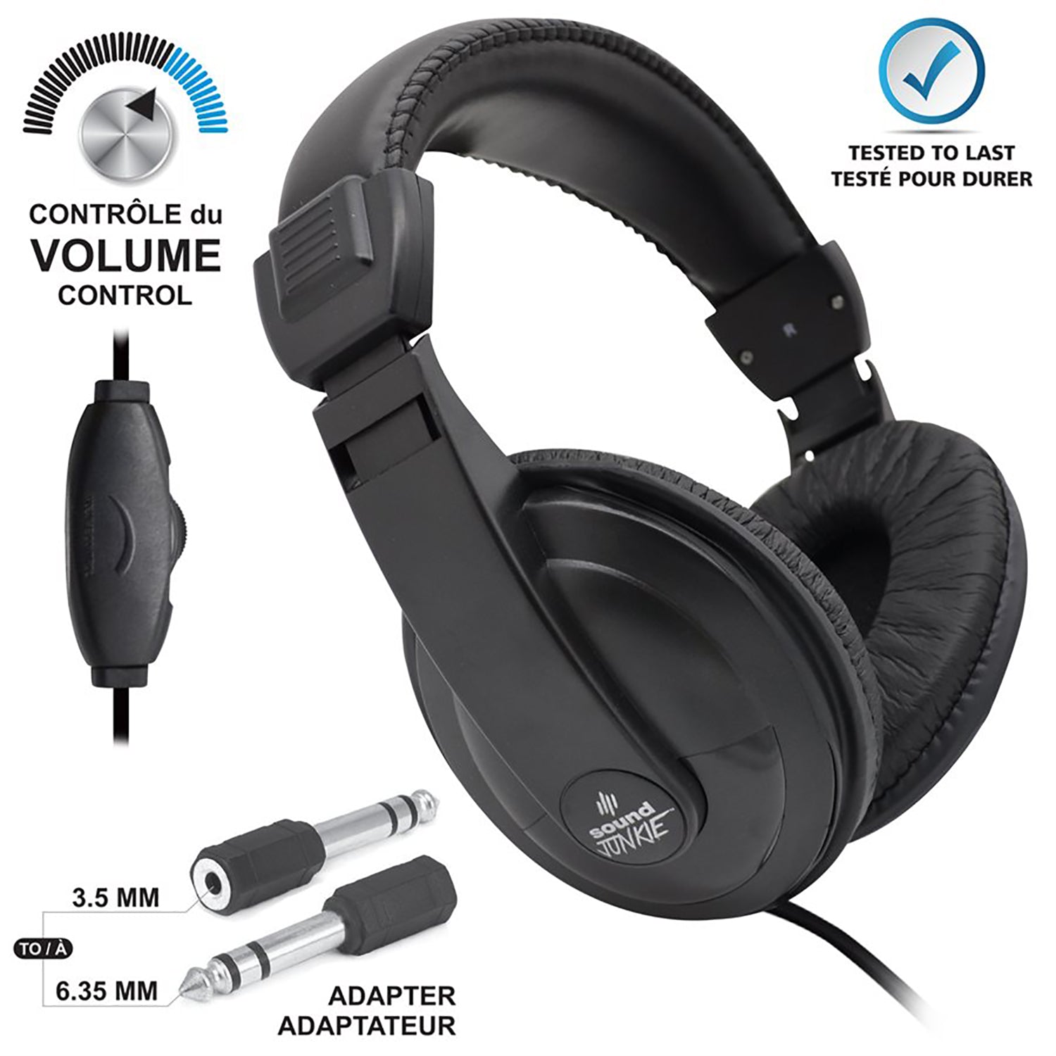 SoundJUNKIE - Casque d'écoute Stéréo Filaire avec Contrôle du Volume, Noir - Simple Boutique