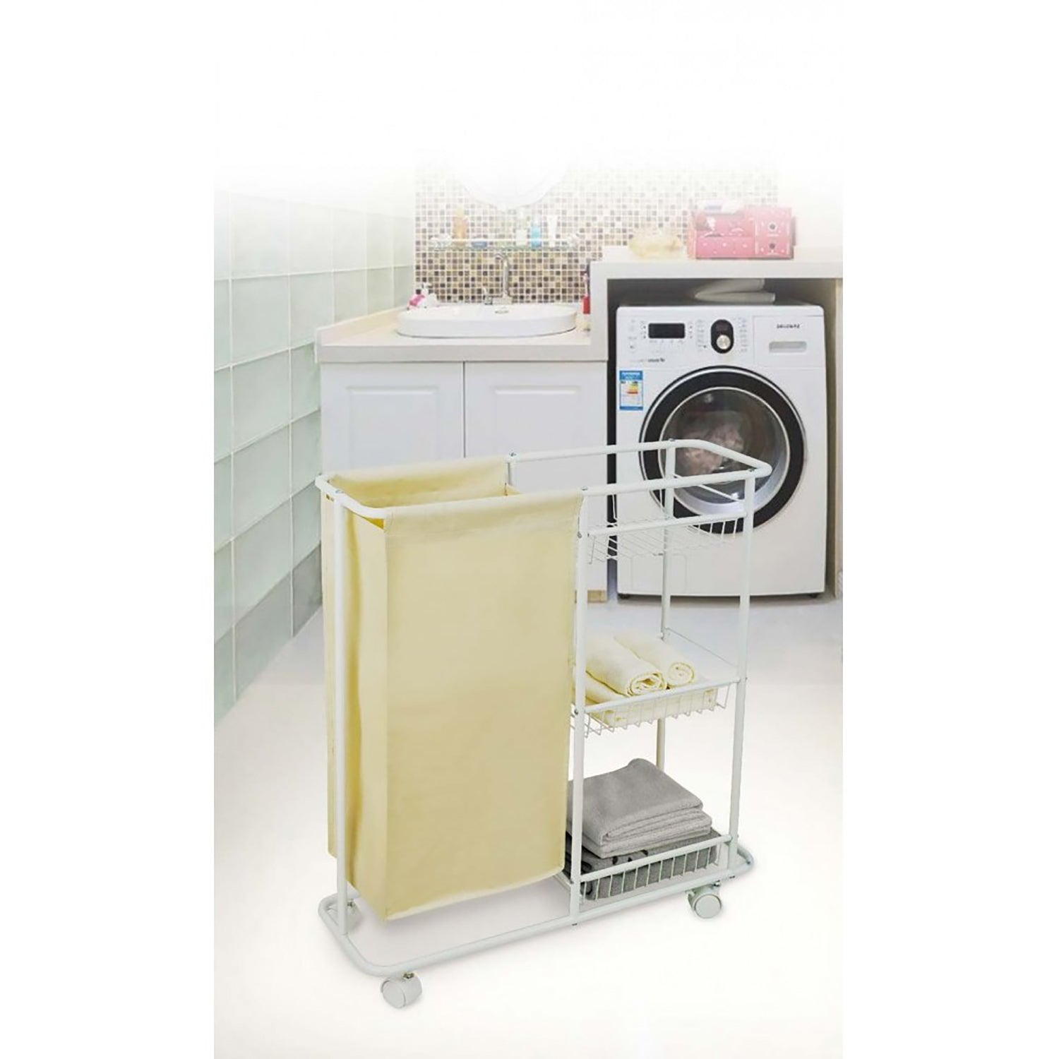 StarNight - Chariot de Salle de Bain avec Rangement et Panier à Linge, Blanc - Simple Boutique