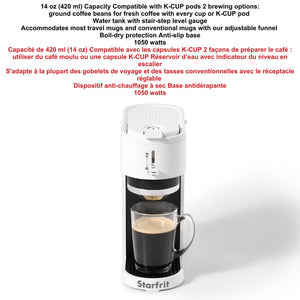 Starfrit Cafetière 2-en-1 compatible K-Cup et café moulu, 1050W, blanche - Simple Boutique
