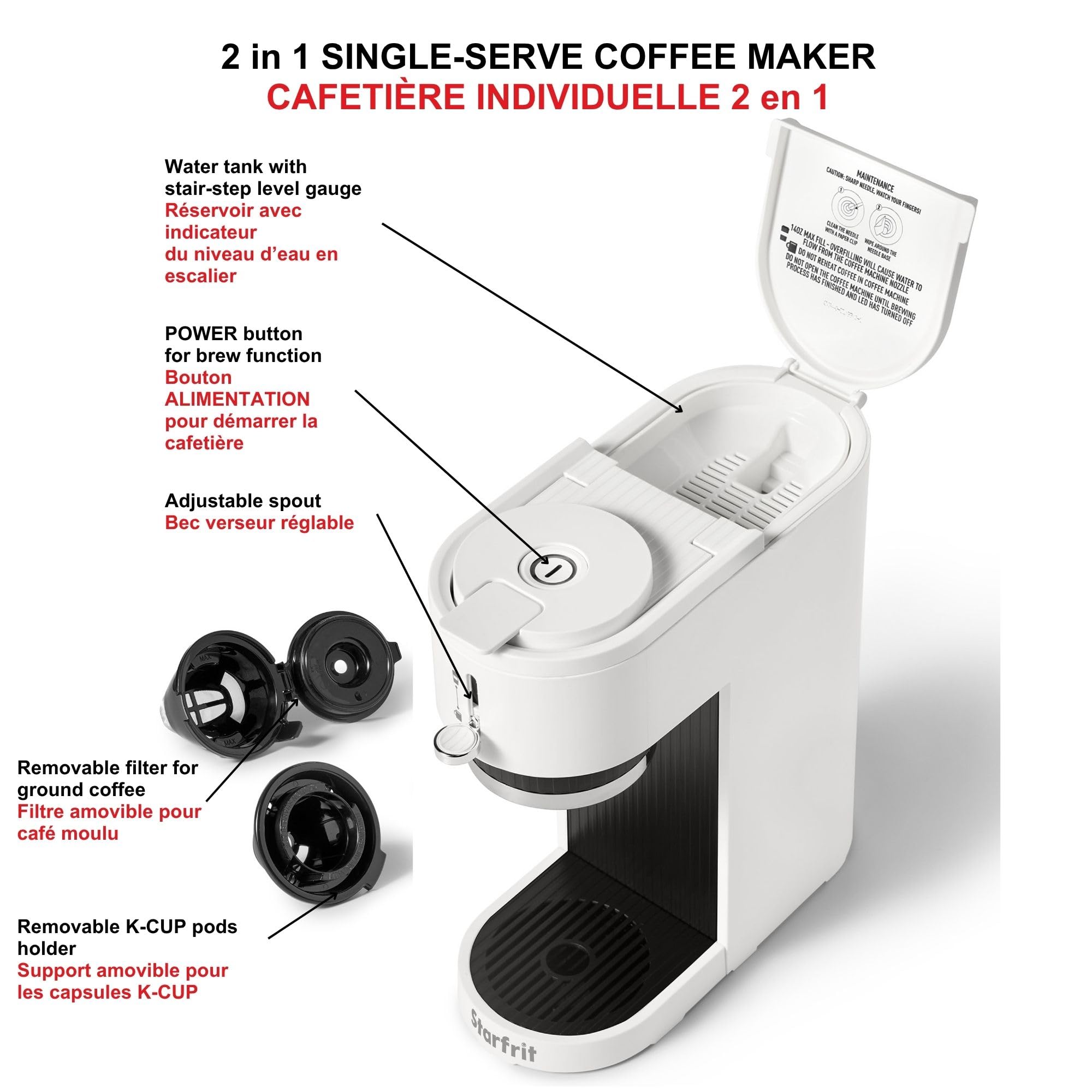 Starfrit Cafetière 2-en-1 compatible K-Cup et café moulu, 1050W, blanche - Simple Boutique