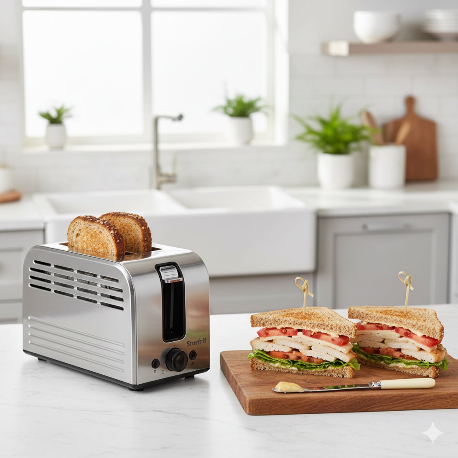 Starfrit Essentials – Grille-pain 2 Tranches, 750 W, Fentes Auto-ajustables, Fonctions Décongeler / Réchauffer / Annuler - Simple Boutique