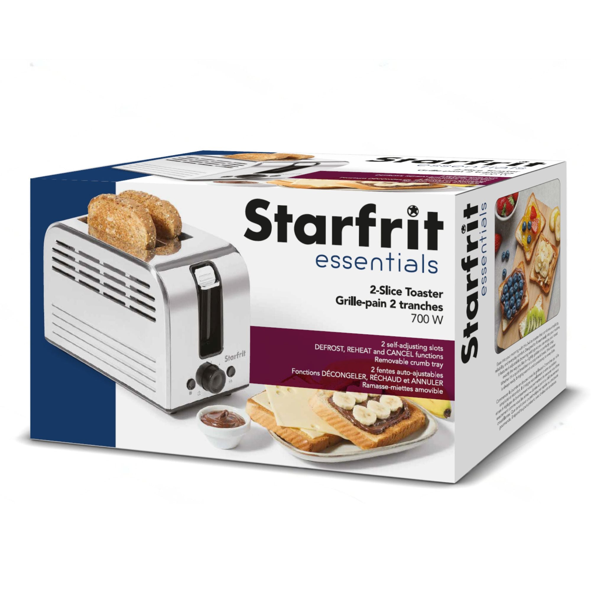 Starfrit Essentials – Grille-pain 2 Tranches, 750 W, Fentes Auto-ajustables, Fonctions Décongeler / Réchauffer / Annuler - Simple Boutique