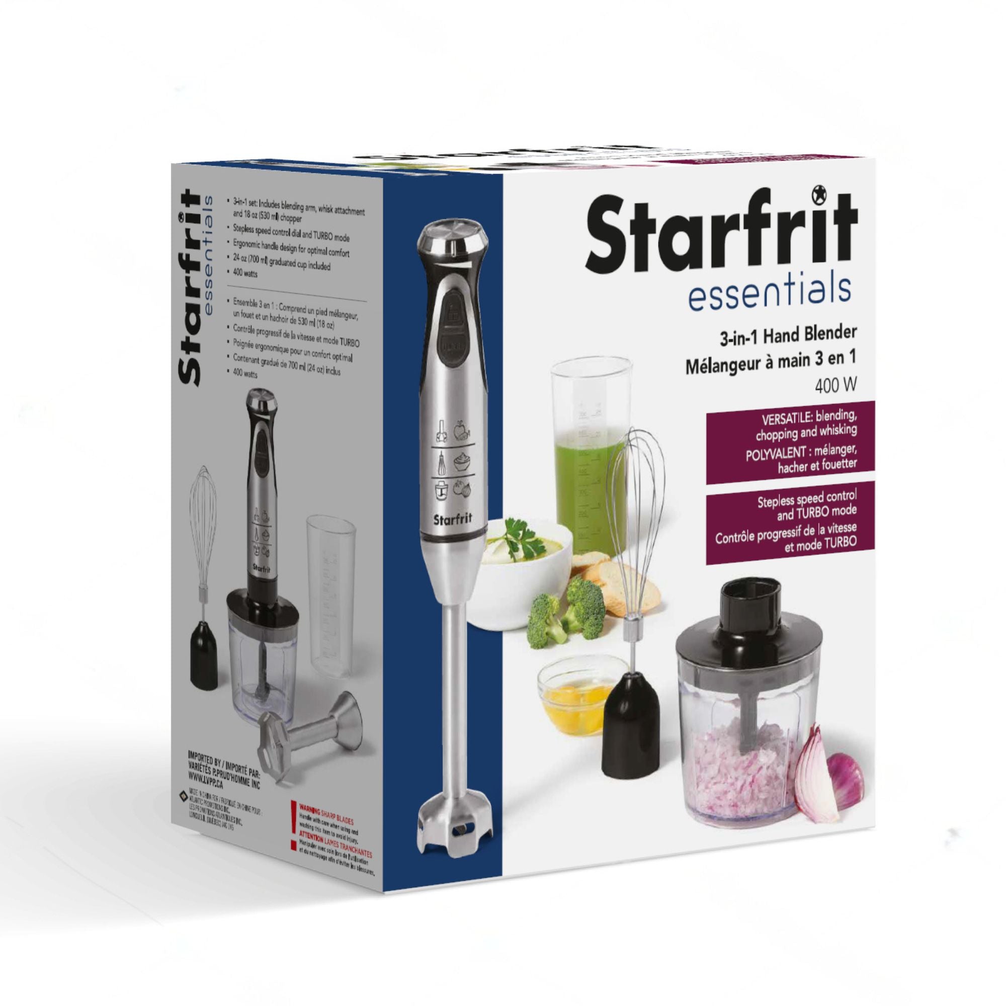 Starfrit Essentials – Mélangeur à Main 3 en 1, 400 W, Pied Mélangeur, Fouet et Hachoir Inclus, Contrôle Progressif + Mode Turbo - Simple Boutique