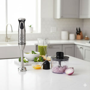 Starfrit Essentials – Mélangeur à Main 3 en 1, 400 W, Pied Mélangeur, Fouet et Hachoir Inclus, Contrôle Progressif + Mode Turbo - Simple Boutique