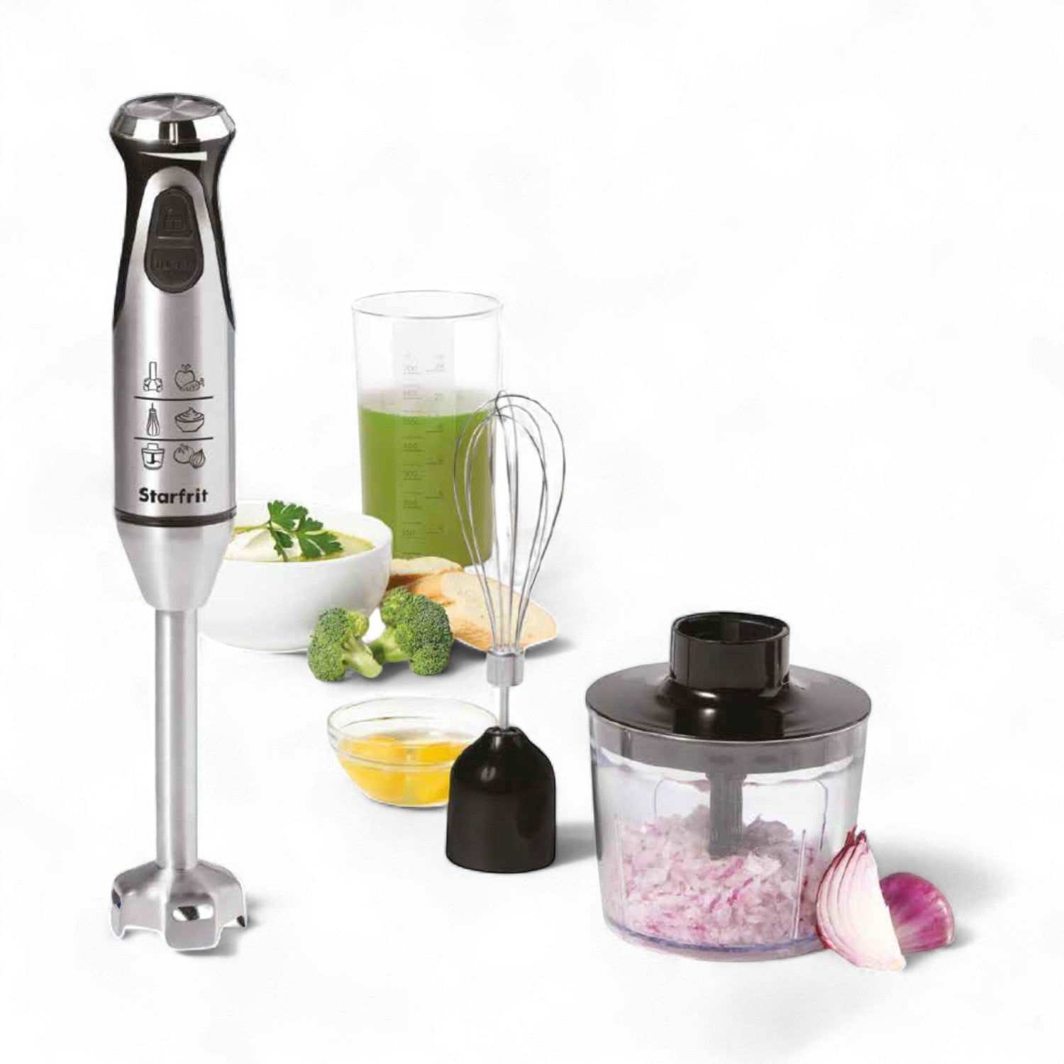Starfrit Essentials – Mélangeur à Main 3 en 1, 400 W, Pied Mélangeur, Fouet et Hachoir Inclus, Contrôle Progressif + Mode Turbo - Simple Boutique