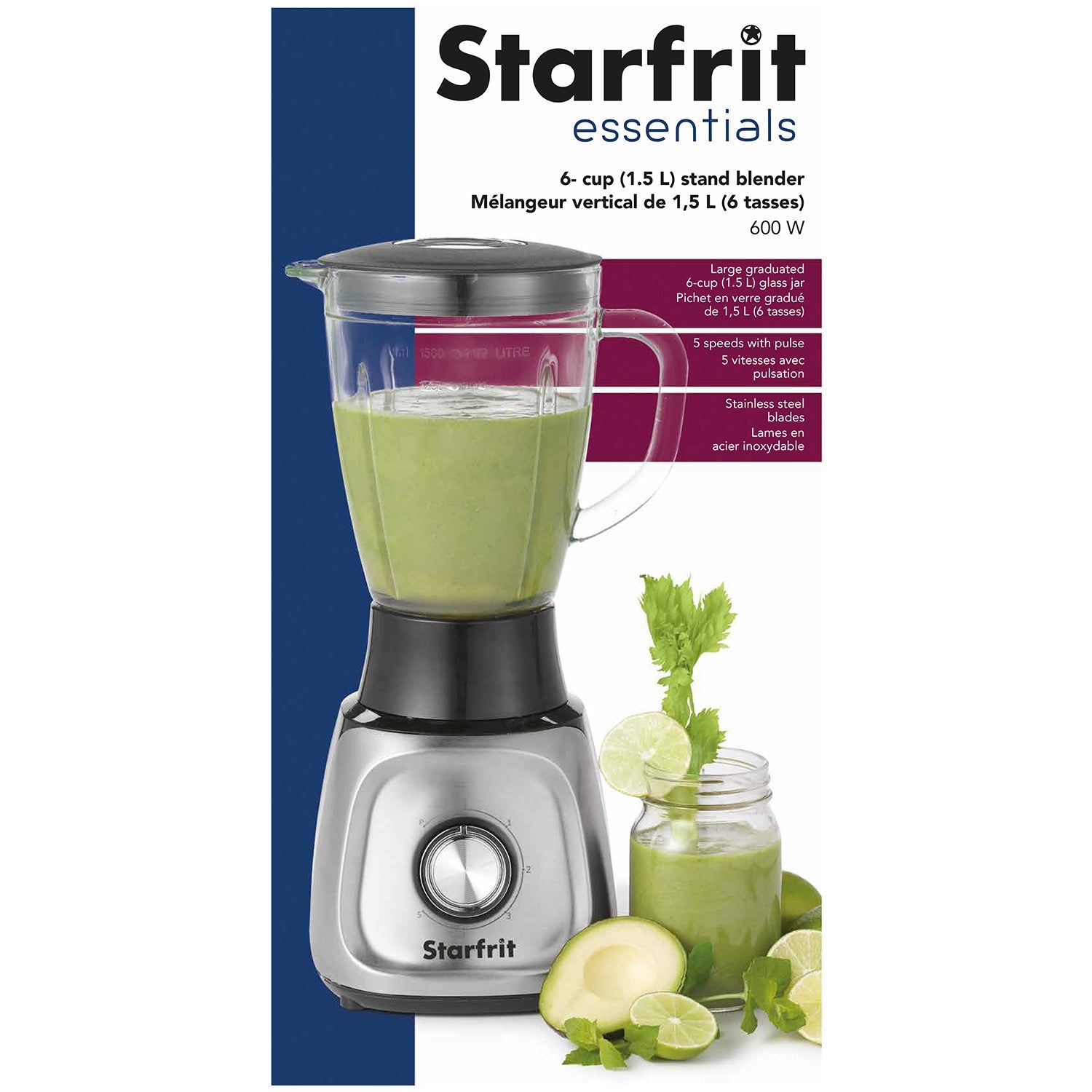 Starfrit - Mélangeur Vertical avec Lames en Acier Inoxydable, Capacité de 1.5 Litre, 600 Watts - Simple Boutique