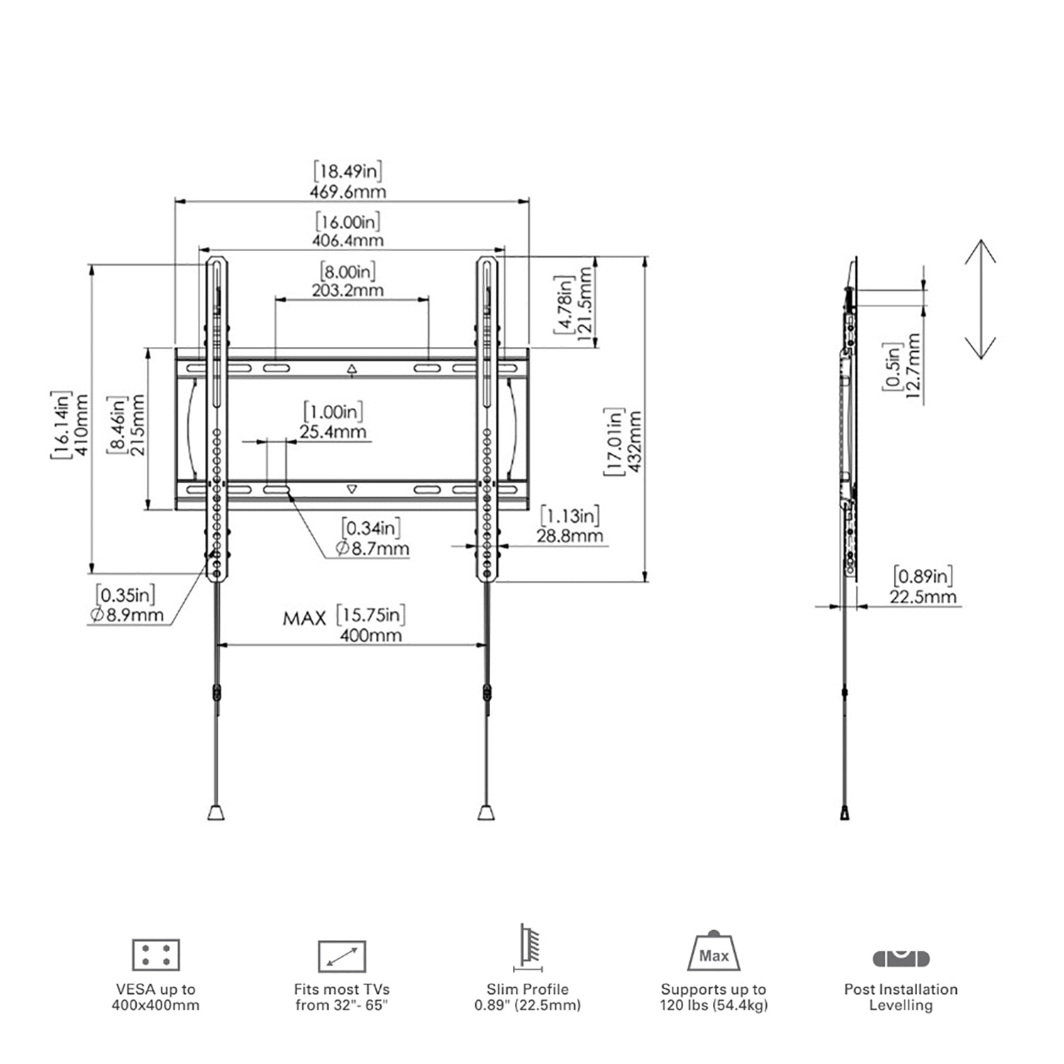 SyncMount - Support Mural Fixe pour Téléviseur, Pour Écran de 32" à 65", Poid Maximum 120lb - Simple Boutique