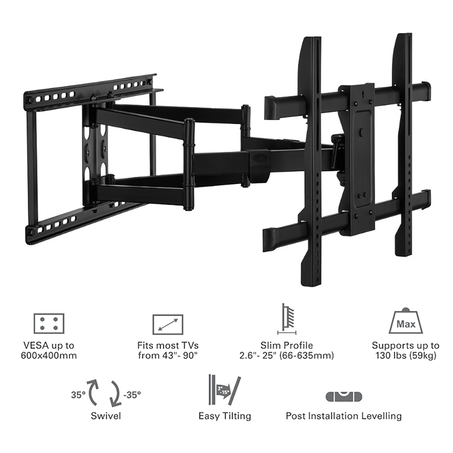 SyncMount - Support Mural pour Téléviseur Full Motion 43"-90" à Double Goujon, VESA 600x400 UL - Simple Boutique