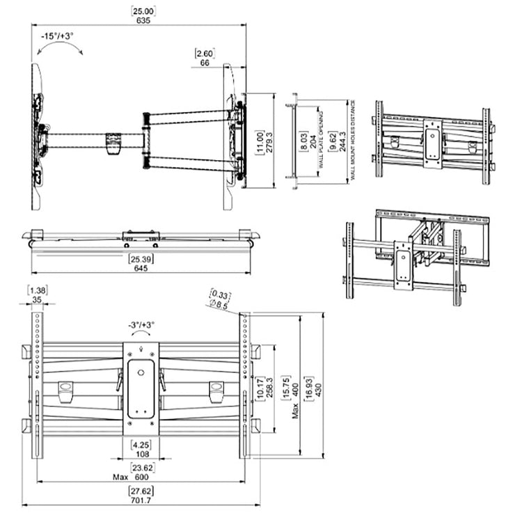 SyncMount - Support Mural pour Téléviseur Full Motion 43"-90" à Double Goujon, VESA 600x400 UL - Simple Boutique