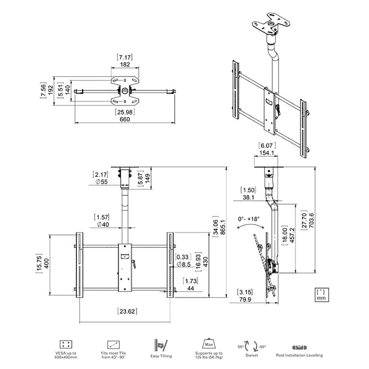 SyncMount - Support de Plafond Inclinable pour Téléviseur, Pour Écran de 43" à 90", Poids Maximum de 125lb - Simple Boutique