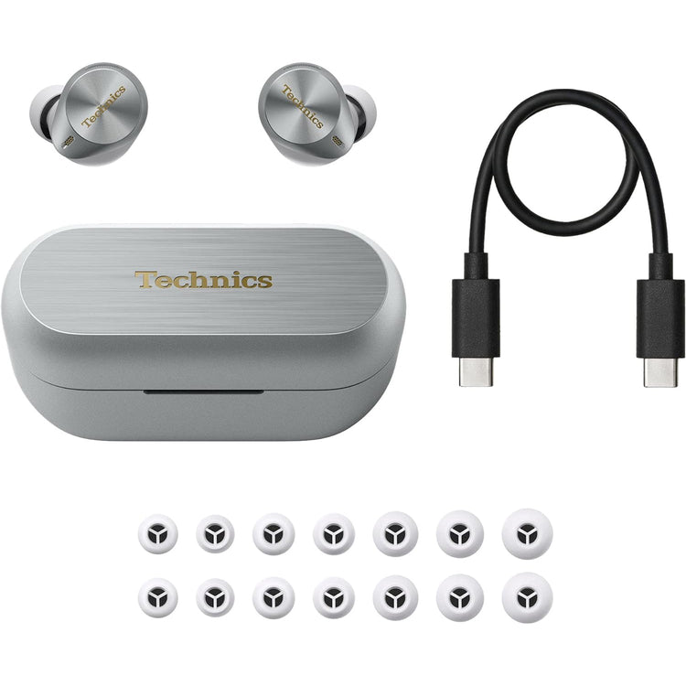 Technic - Écouteurs Intra-Auriculaires Sans-Fil, Hi-Res Audio, Supression du Bruit, Microphone et Boitier de Recharge, Argenté - Simple Boutique