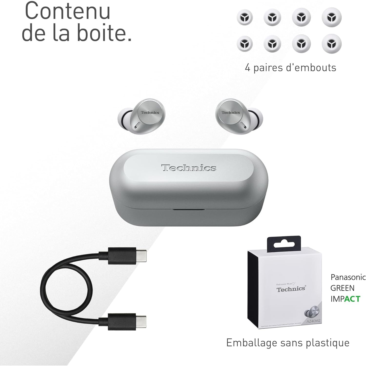 Technics - Écouteurs Intra-Auriculaires Sans-Fil Bluetooth avec Suppression du Bruit, Microphone et Boitier de Recharge, Argenté - Simple Boutique