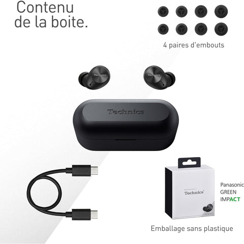 Technics - Écouteurs Intra-Auriculaires Sans-Fil Bluetooth avec Suppression du Bruit, Microphone et Boitier de Recharge, Noir