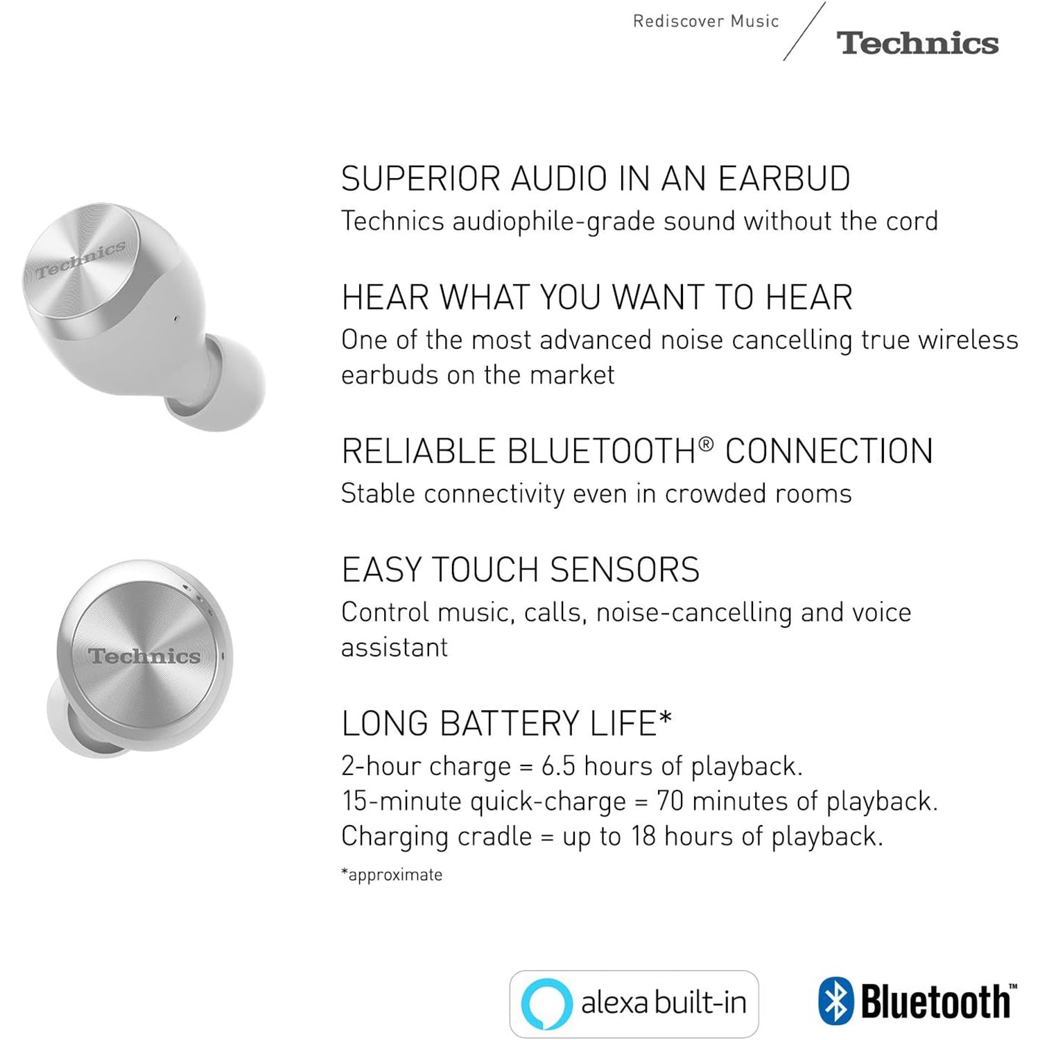 Technics - Écouteurs Intra-Auriculaires Sans-Fil Bluetooth avec Supression du Bruit, Microphone et Boitier de Recharge, Argenté - Simple Boutique