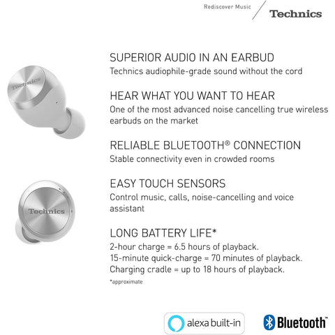 Technics - Écouteurs Intra-Auriculaires Sans-Fil Bluetooth avec Supression du Bruit, Microphone et Boitier de Recharge, Argenté