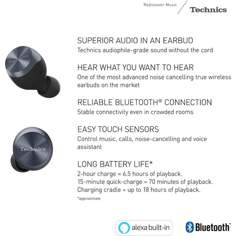 Technics - Écouteurs Intra-Auriculaires Sans-Fil Bluetooth avec Supression du Bruit, Microphone et Boitier de Recharge, Noir