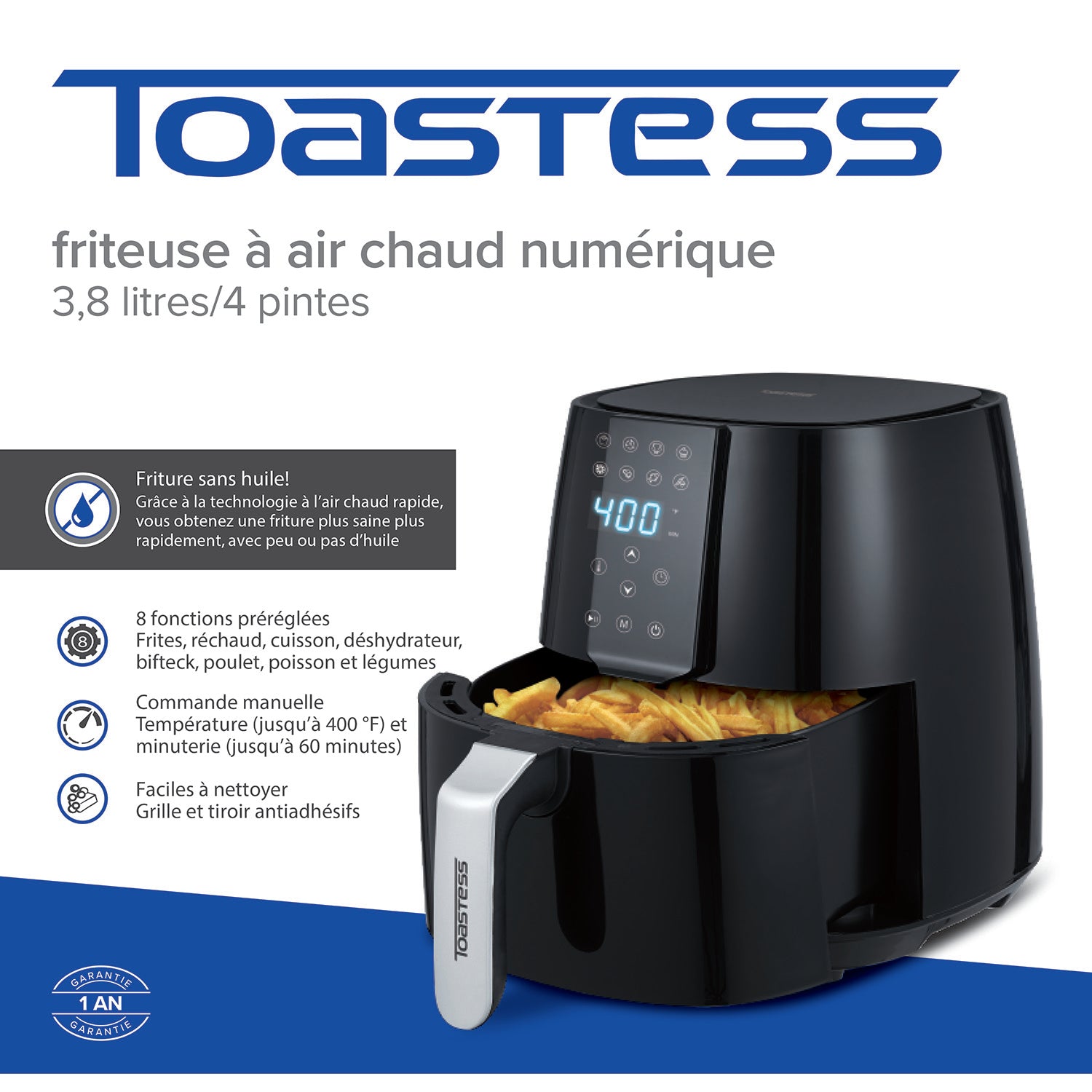 Toastess - Friteuse à Air Chaud Numérique, Capacité de 3.8 Litres, 8 Fonctions Préréglées, Noir - Simple Boutique