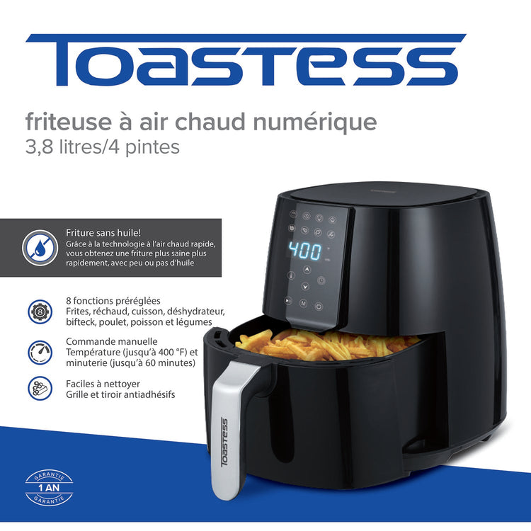 Toastess - Friteuse à Air Chaud Numérique, Capacité de 3.8 Litres, 8 Fonctions Préréglées, Noir - Simple Boutique